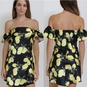 Lemon Print Off-Shoulder Mini Dress
